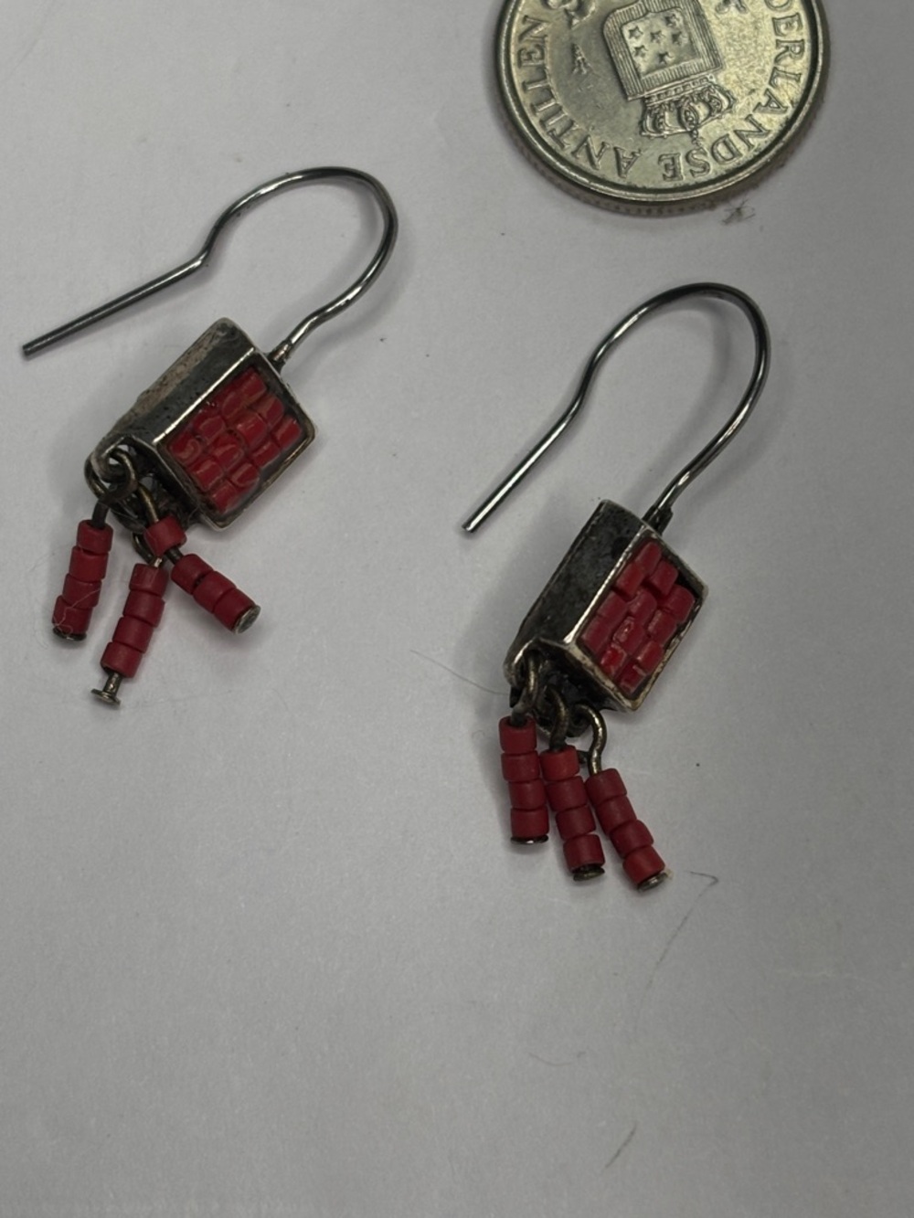 Vintage Red Coral and sterling silver 925 dangle earring.